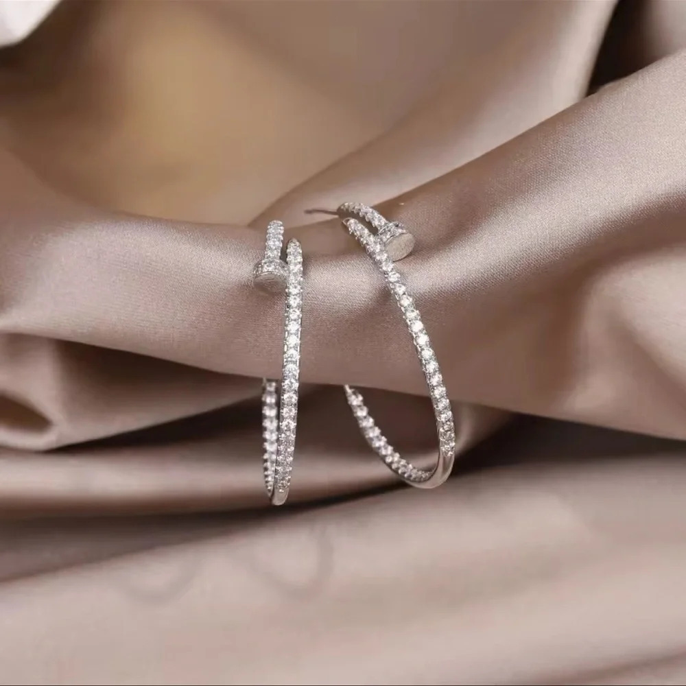 Silver Nail Crystal Hoop Earrings